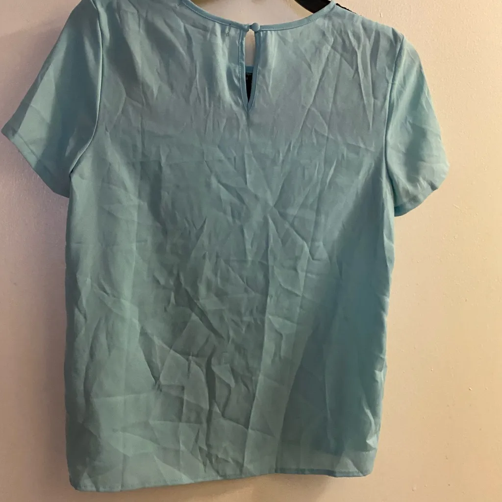 Forever 21 Womens Juniors Top Shirt S Small Turquoise Teal Blue Black Lace Neck - Image 4