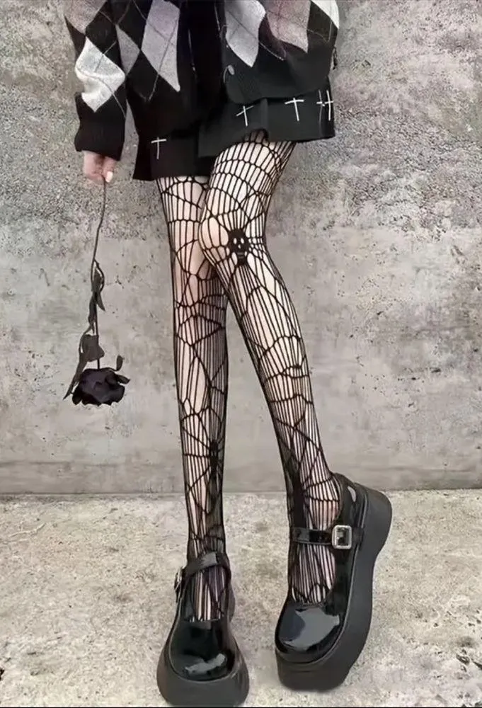 Black Gothic Skull Pattern Fishnet Tights Sexy Hollow Out Mesh Pantyhose OneSize - Image 8