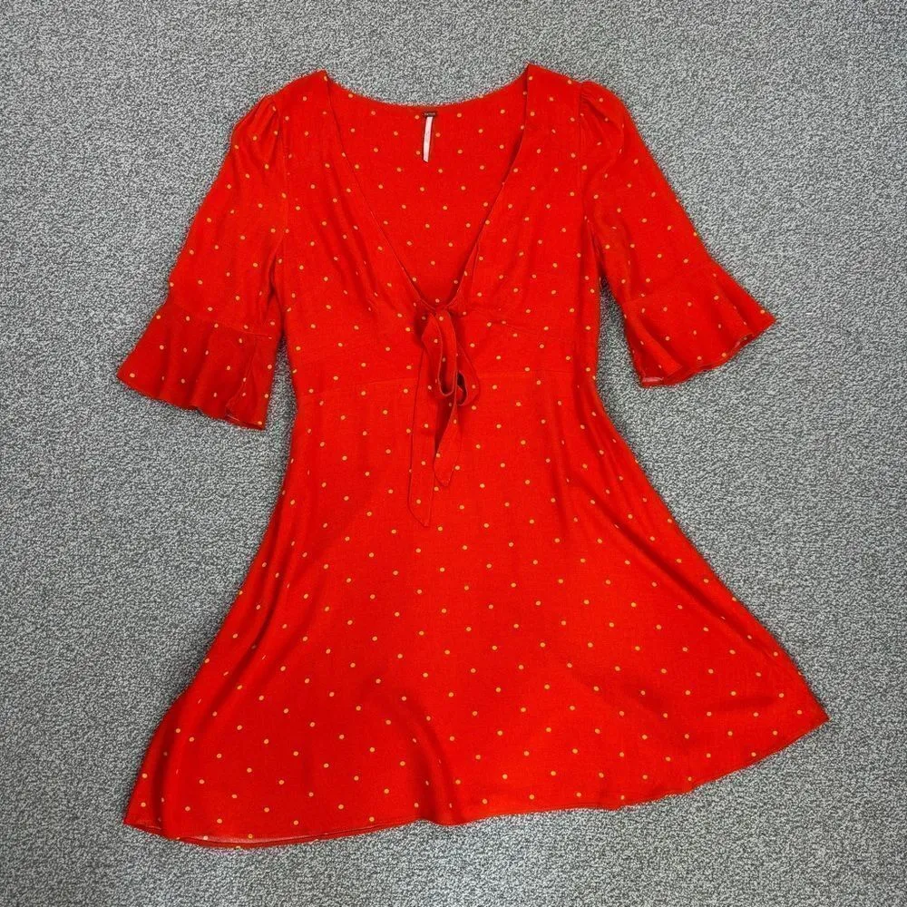 Free People All Yours Polkadot‎ Flounce Sleeve Mini Dress Orange V Neck 4 - Image 14