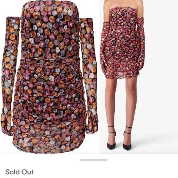 $385 NWOT MISCREANTS Floral Ruched Strapless Mini Dress Gloves Set Size 6 Black - Image 4