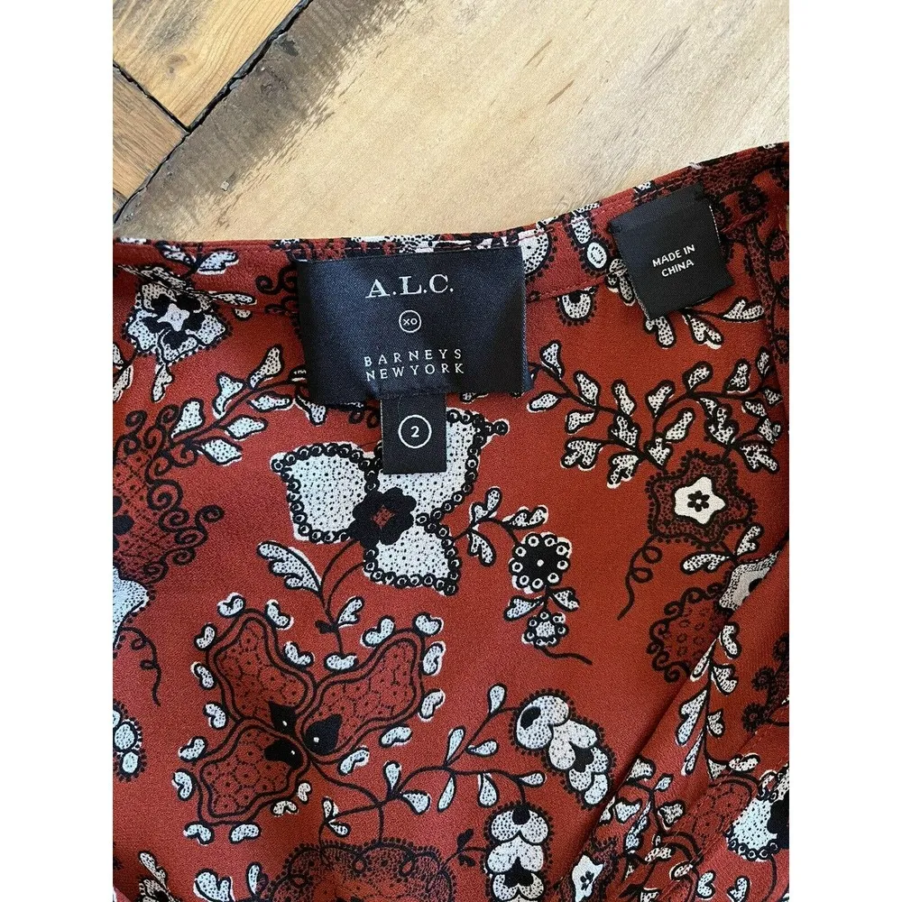 A.L.C Barneys NY Brown Floral 100% Silk Ruffle Neck Sleeveless Blouse Size 2 XS - Image 4