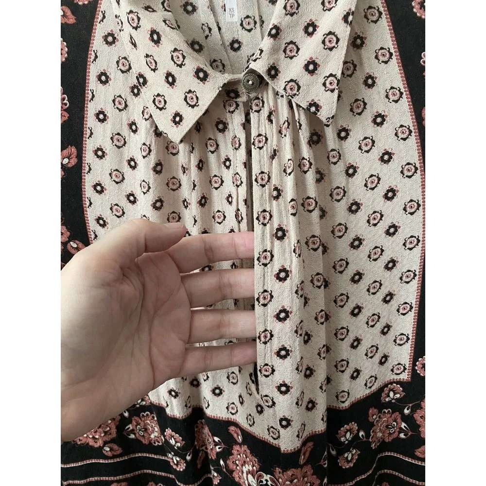 Free People tan black Floral All‎ Over Print Boho Tunic Top Women’s Size XS - Image 3