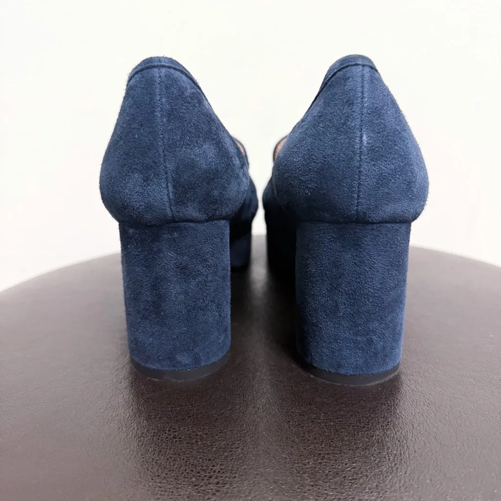 Bibi Lou Navy Blue Suede Leather Platform Block Heel Square Toe Loafers 41 Size 10 - Image 7