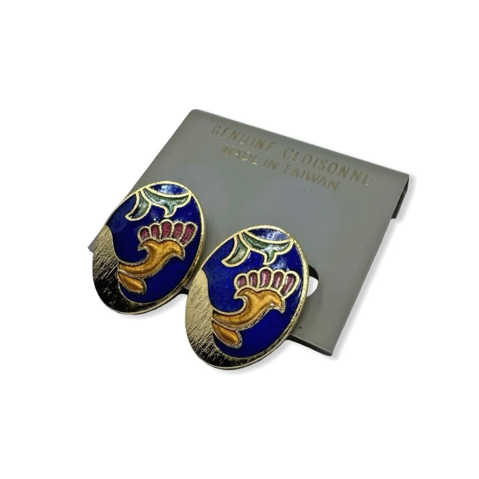 Vintage Cloisonné Clip On Earrings Floral Oval Gold Tone 1” Made Taiwan Blue - Image 2