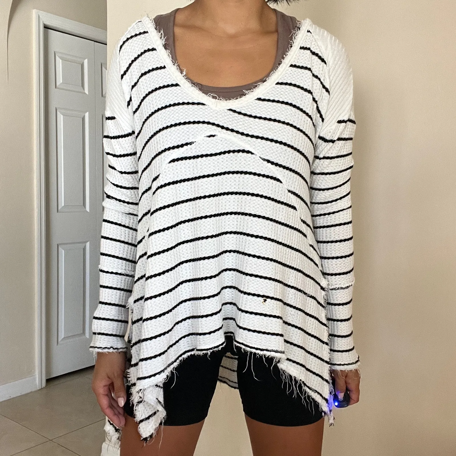 Free People Raw Hem Waffle Knit Striped Long Sleeve High Low Top Size XS - Image 7