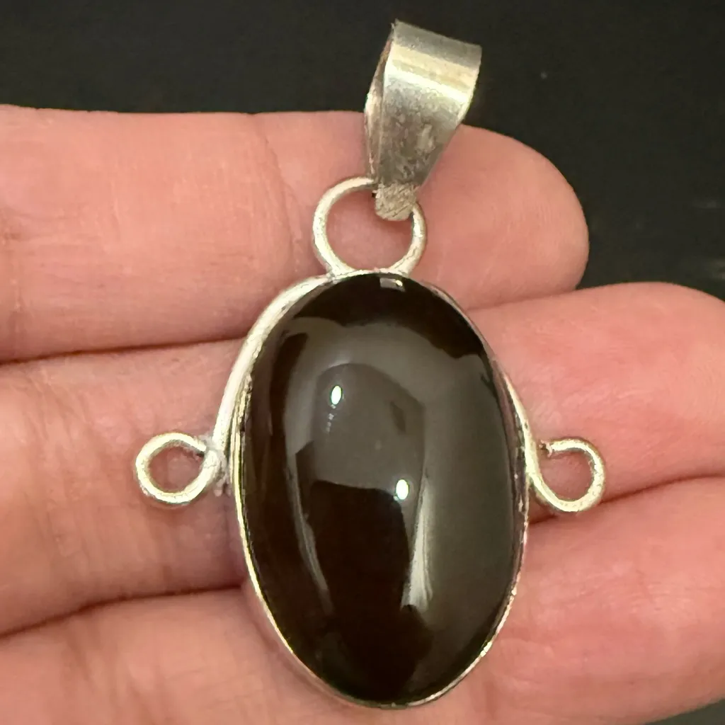 Vintage Handcrafted Silver Agate Oval Natural Stone Cabochon Pendant 7.1g. Black - Image 8