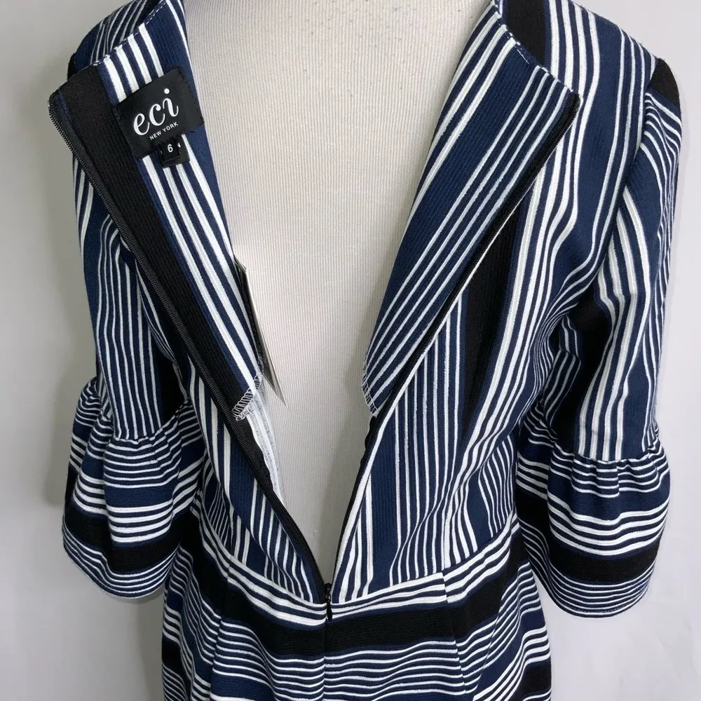 ECI Navy Blue &White Striped Bell Cuff Career Dressy Dress 6 NWT - Image 10