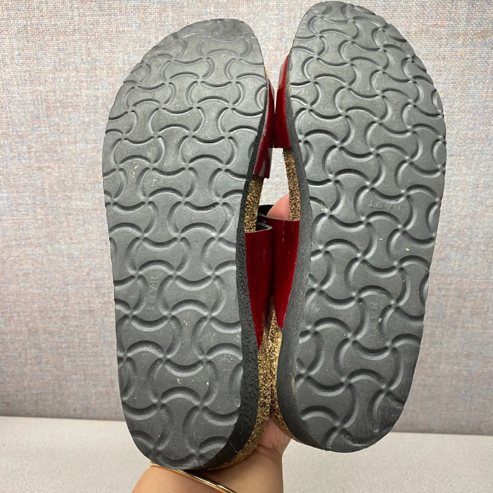 NAOT Red Patent Leather Rhinestone Buckle Footbed Sandals Women Size 38 FLAWED - Image 9