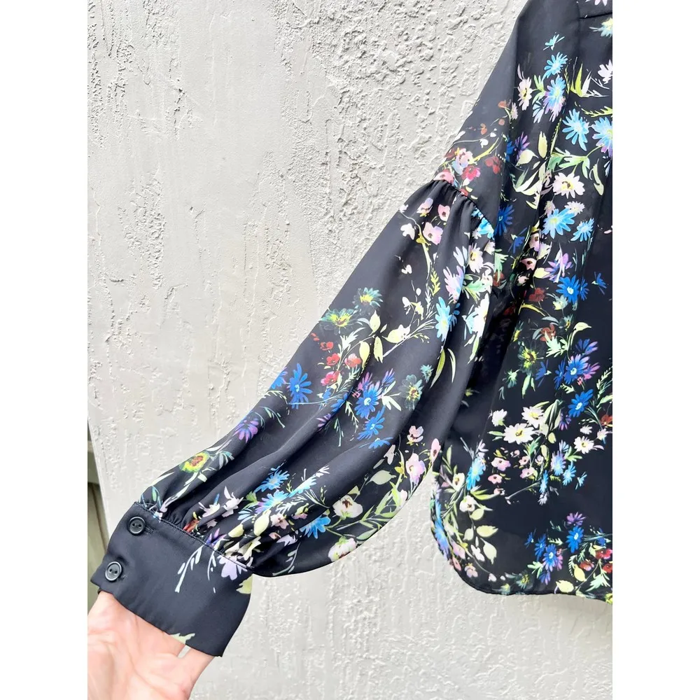 $248 Parker Long Sleeve Floral Print V-Neck Tie Top Blouse Black Women's Large - Image 4