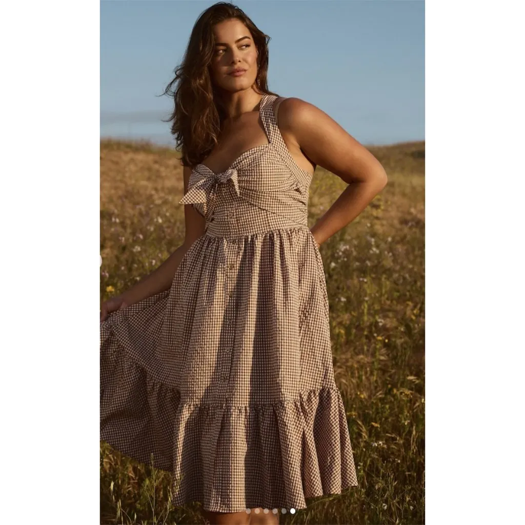 ANTHROPOLOGIE Maeve Halter Bow-Front Midi Dress in Brown Gingham Size X-Small - Image 12