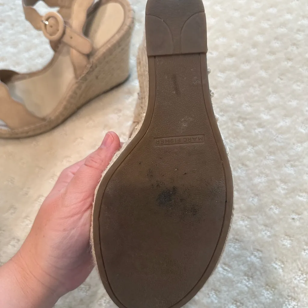 Marc Fisher Scalloped Espadrille Wedge Sandals | Nude Suede | Size 10 - Image 9