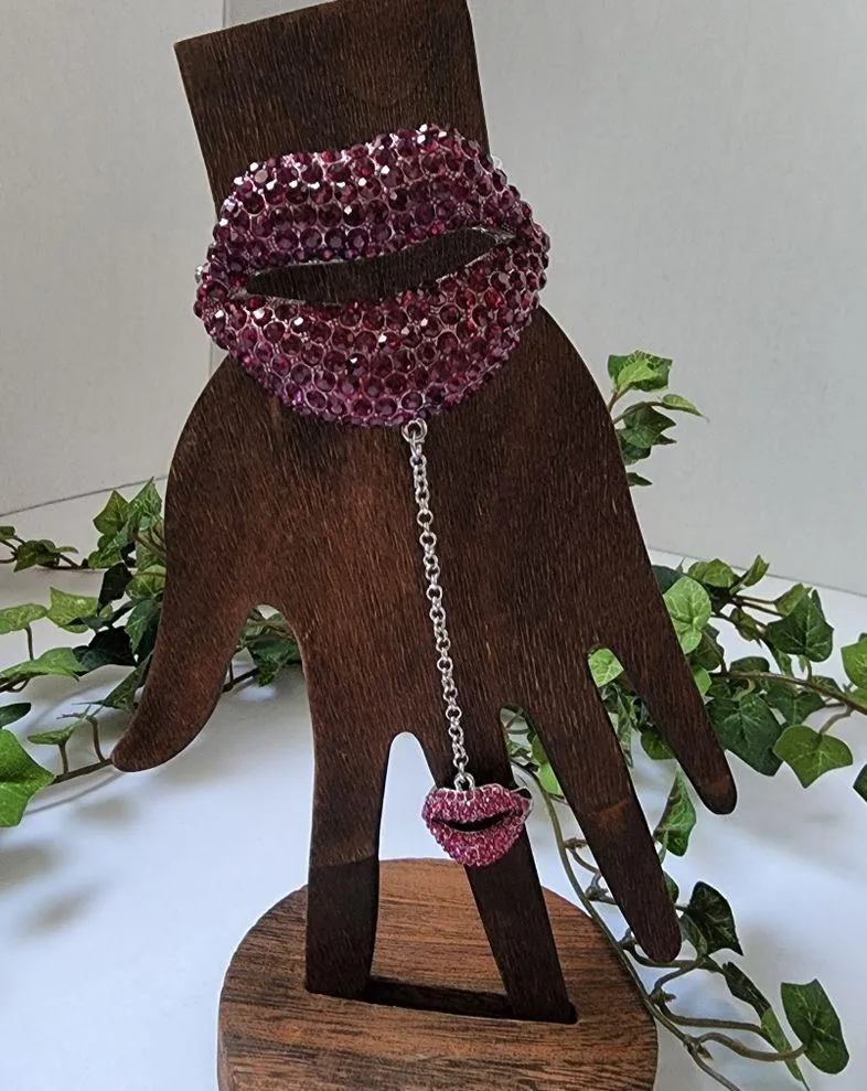 Silver Red Crystal Lips Hinge / Clamper Bracelet with Attached Ring - Image 2