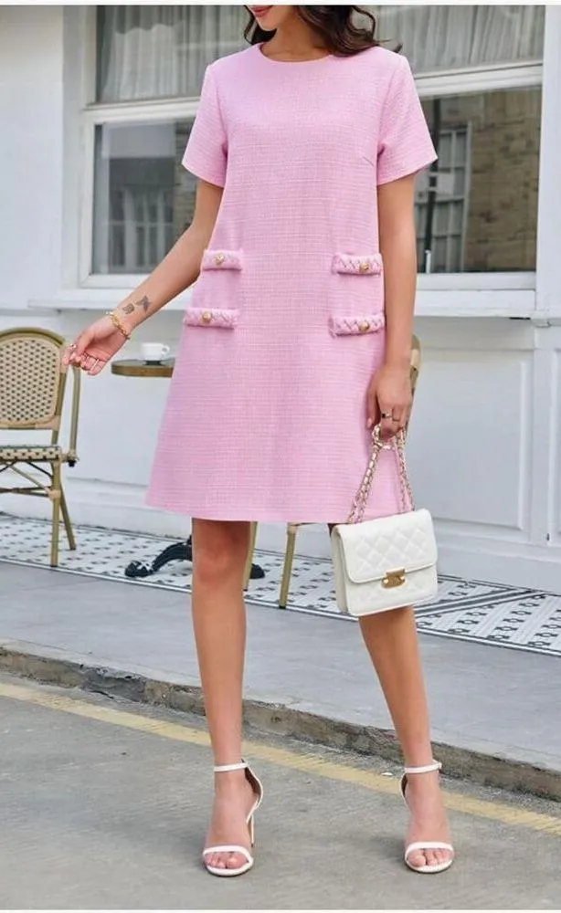 NEW Tweed Mini Crew Neck Career Elegant Dress L Pink Size L - Image 4