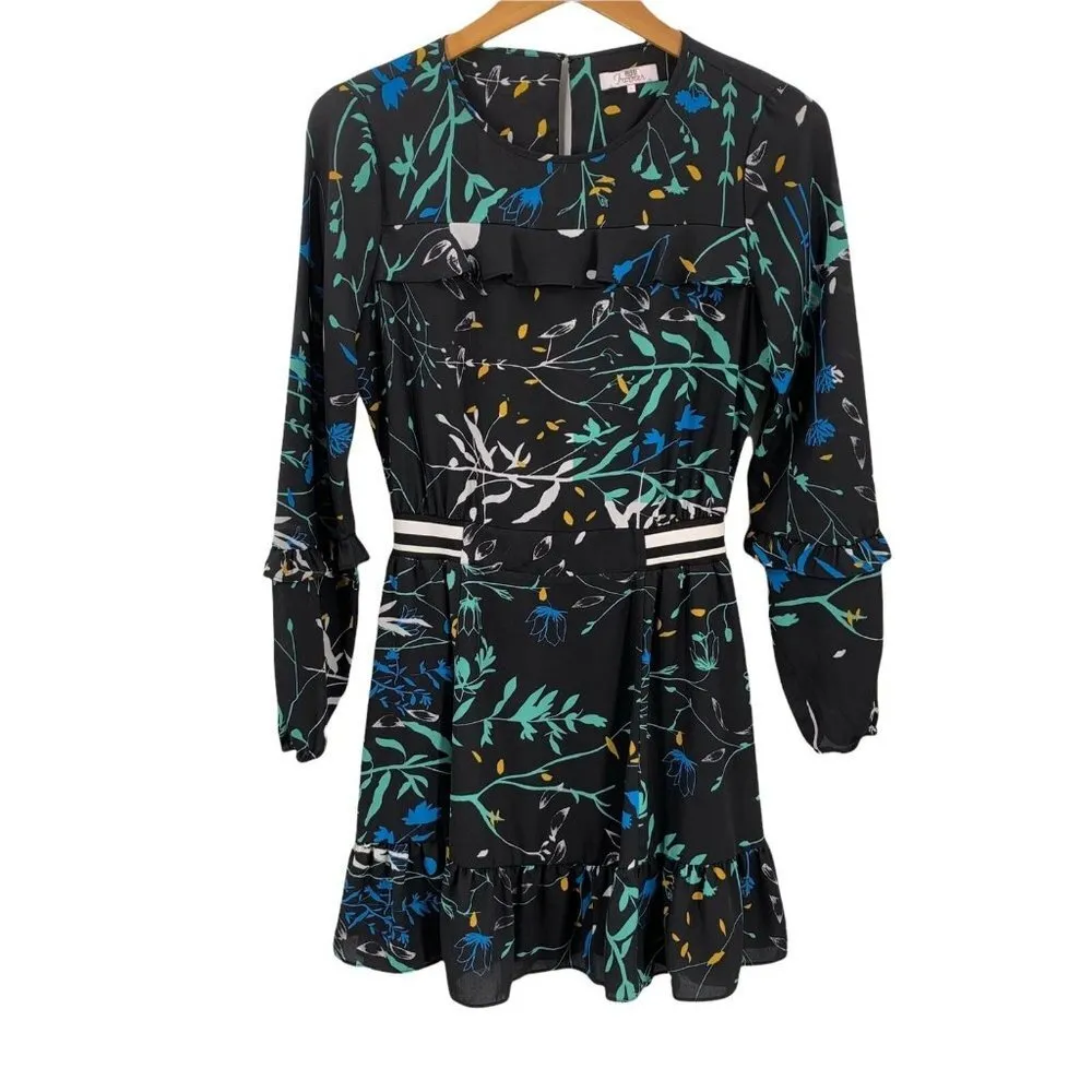 Parker Black Floral Crepe JOELLE Long Sleeve Ruffle Fit Flare Dress Size Small - Image 4