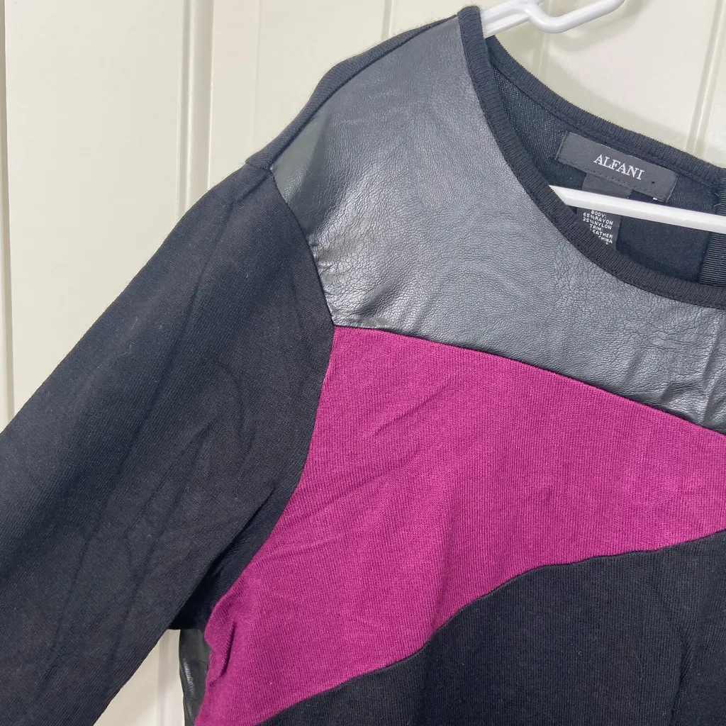 NWOT‎ Alfani women’s faux leather black purple colorblock zip stretch knee dress - Image 2
