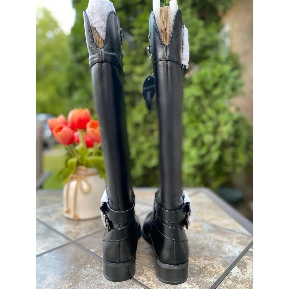 INC Frank II Women Black Leather Tall Riding Boots 6 Wide Calf Silvertone Buckle - Image 5