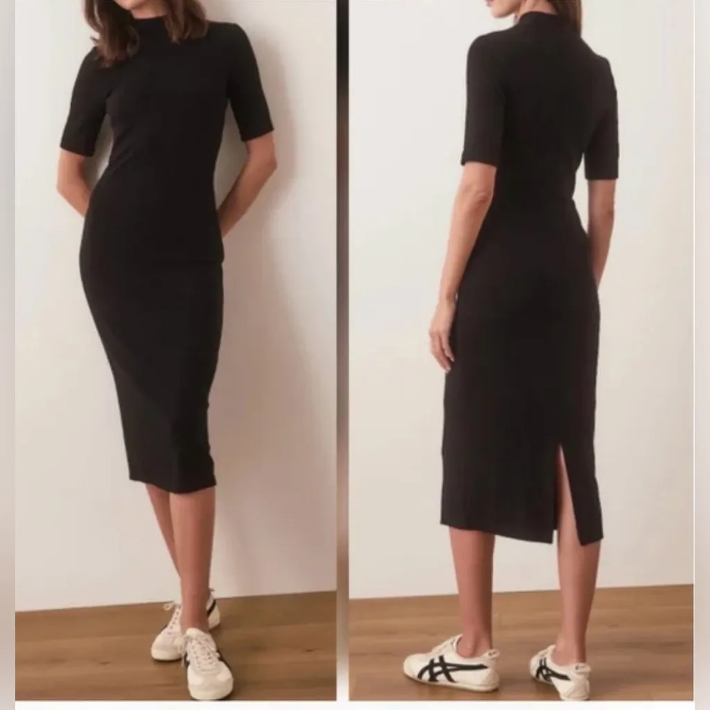 Marine Layer Lexi Mock Neck Short Sleeve Black Ribbed Dress Size Small 4-6 - Image 2