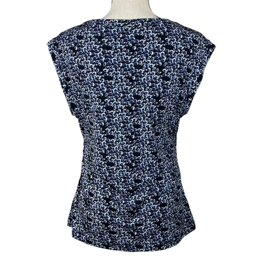 Tahari Medium Top Abstract Ruched Stretch Pleated Neck Cap Sleeves Navy Blue - Image 5