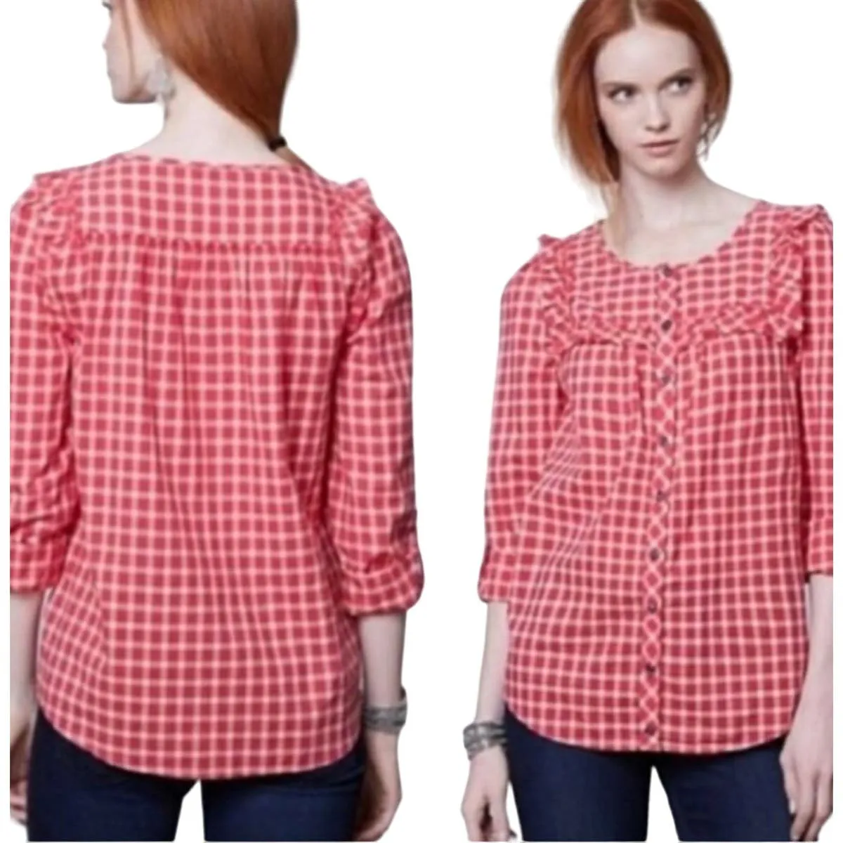 Anthropologie Holding Horses Plaid Button Up Shirt Top  Ruffle Size‎ 2 - Image 2