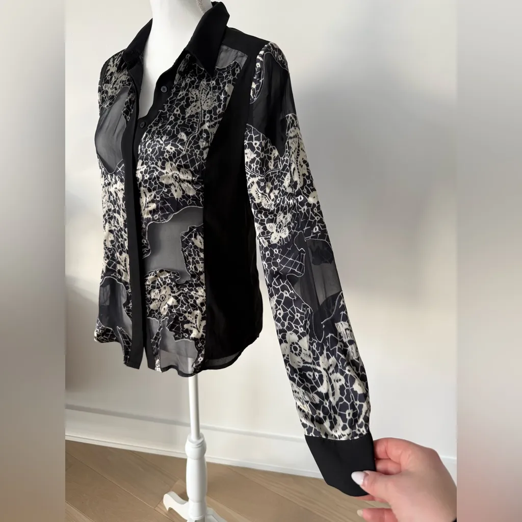 Alberto Makali Sheer Black Button-Down Blouse with Abstract Lace Print - Image 3