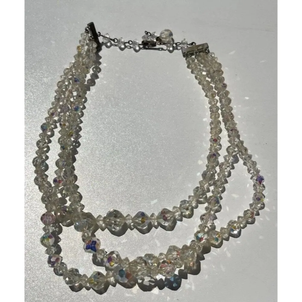 Vintage 3 Strand AB Aurora Borealis Crystal Faceted Beads Style Necklace 15.5” White - Image 5