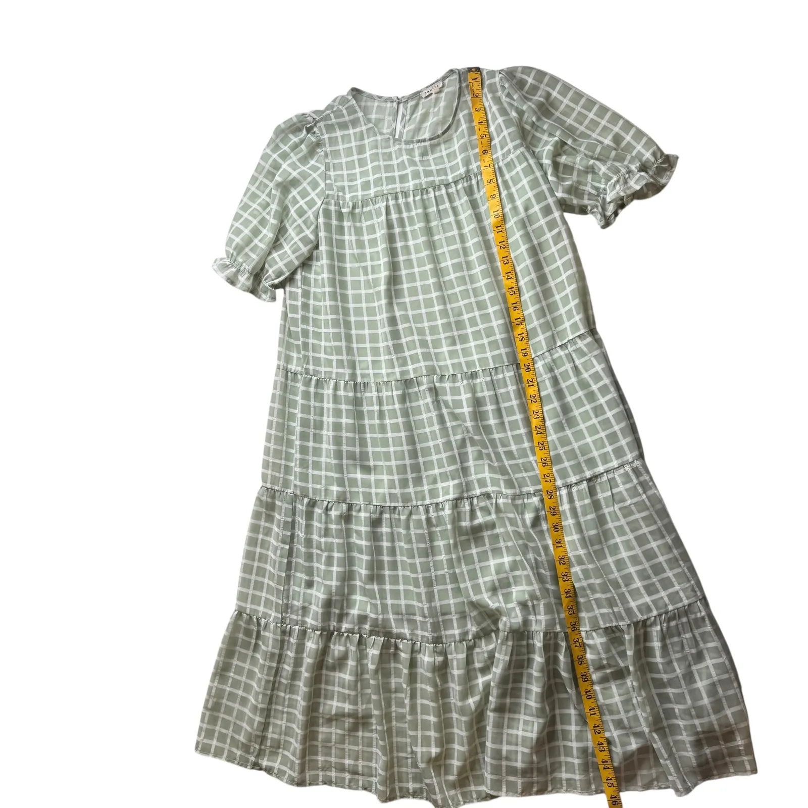Jodifl Green Windowpane Midi Dress Medium Tiered Plaid Casual Flowy Cottagecore - Image 10