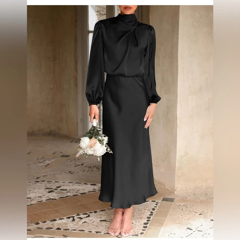 NEW Black Mock Neck Satin Maxi Dress Elegant Long Sleeve M Size L - Image 2