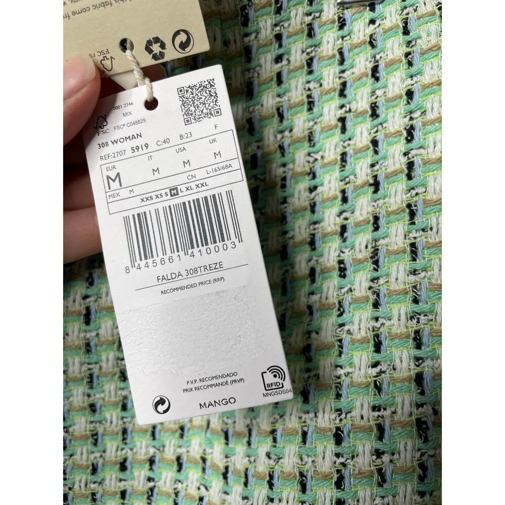 NEW MNG TMango Tweed Mini Skirt Pastel Green Size Medium - Image 2