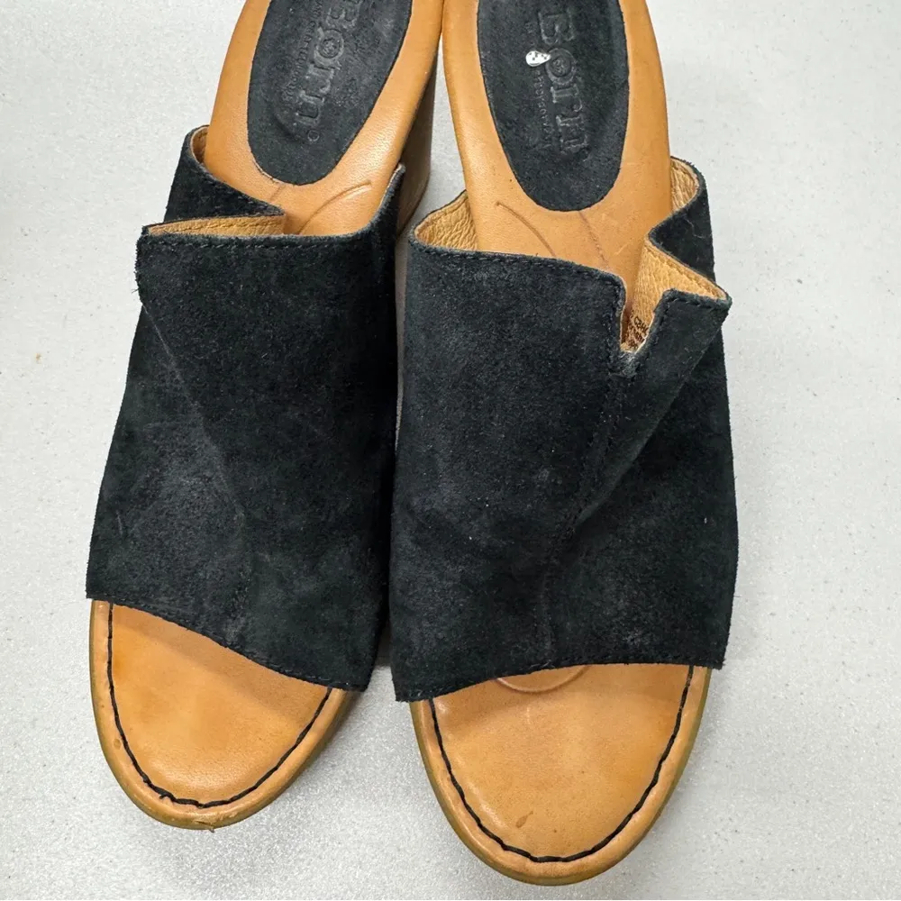 Born Black Suede Peep Toe Mule Stacked Heel Womens 8 Slip On Boho Comfort Shoes - Image 3