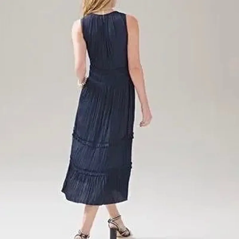 White House Black Market Satin Surplice Sleeveless Tiered Midi Dress Navy XS New - Image 8