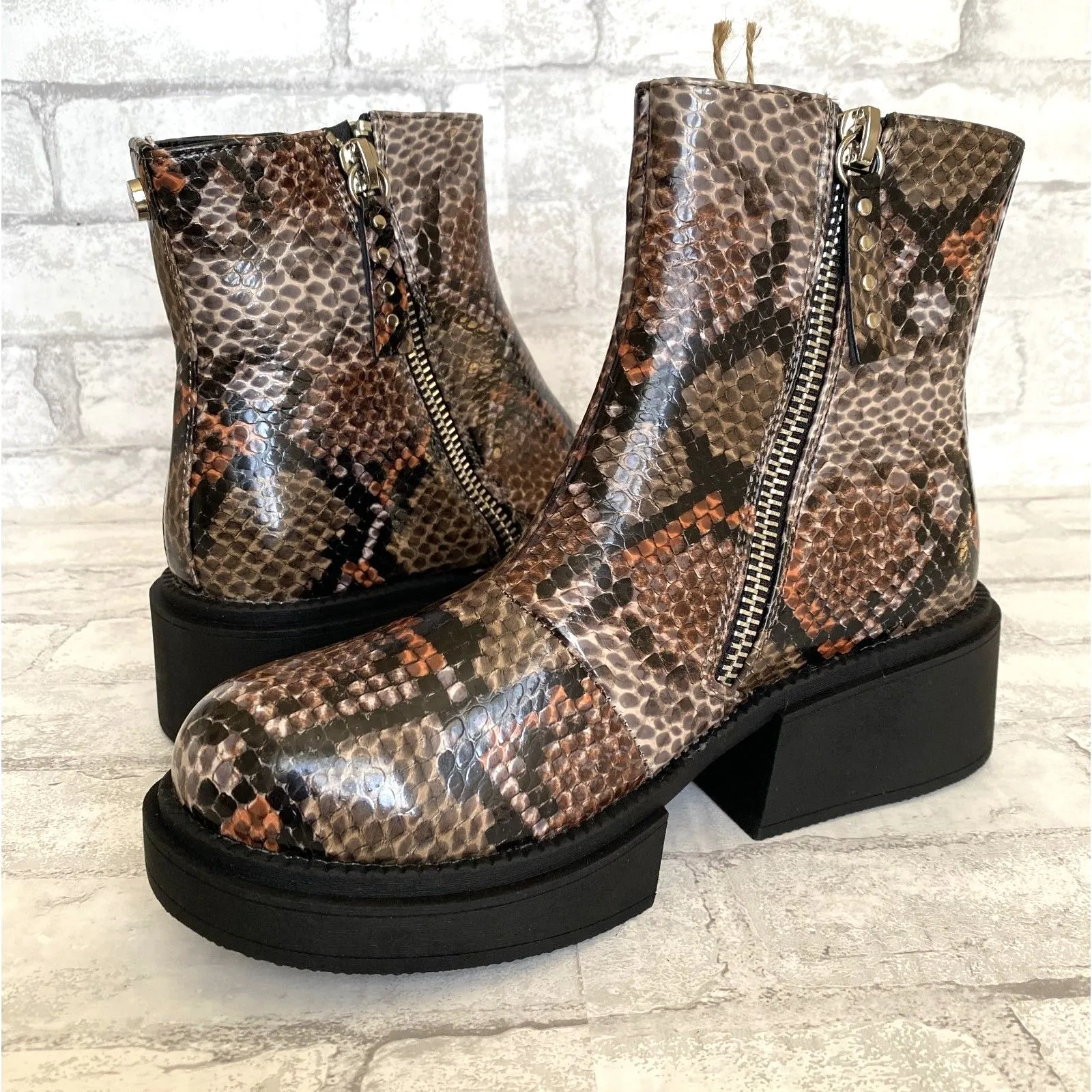New Seven7 Womens Vault Chunky Heal Brown Black Snakeskin Grunge Boots Sz 9 - Image 5