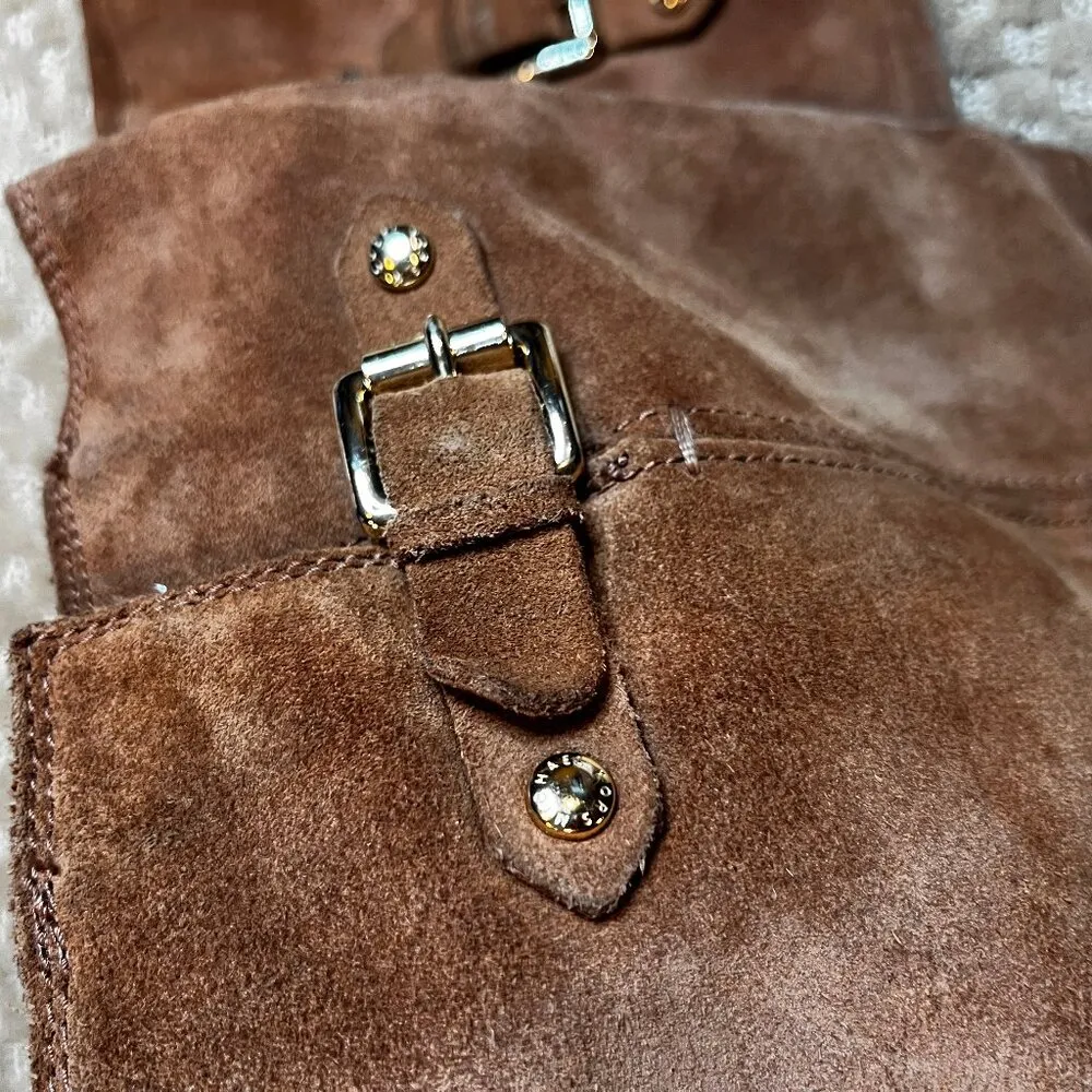 Michael Kors Camel Brown Suede Knee High Boot Round Toe Block Heel SZ 10 Buckle - Image 3