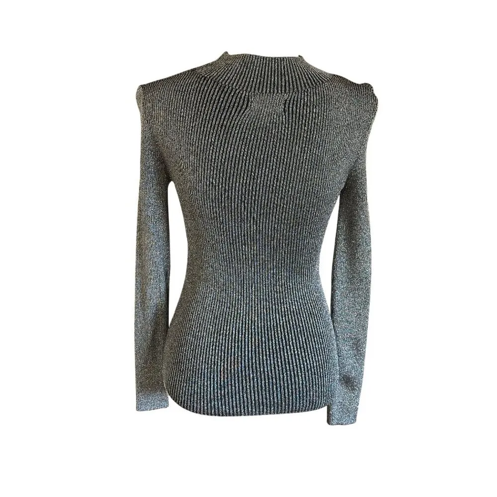 Metallic Silver Top Mock Neck Cut Out Ribbed Knit Long Sleeve Camille La Vie  M - Image 8