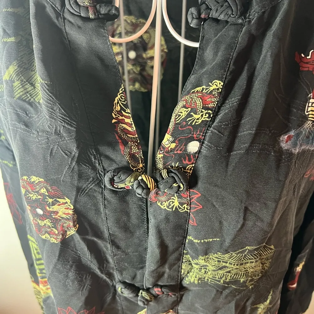 Citron Santa Monica Silk VTG Embroidered Asian Print Kimono Style Jacket Size L Black Size L - Image 4