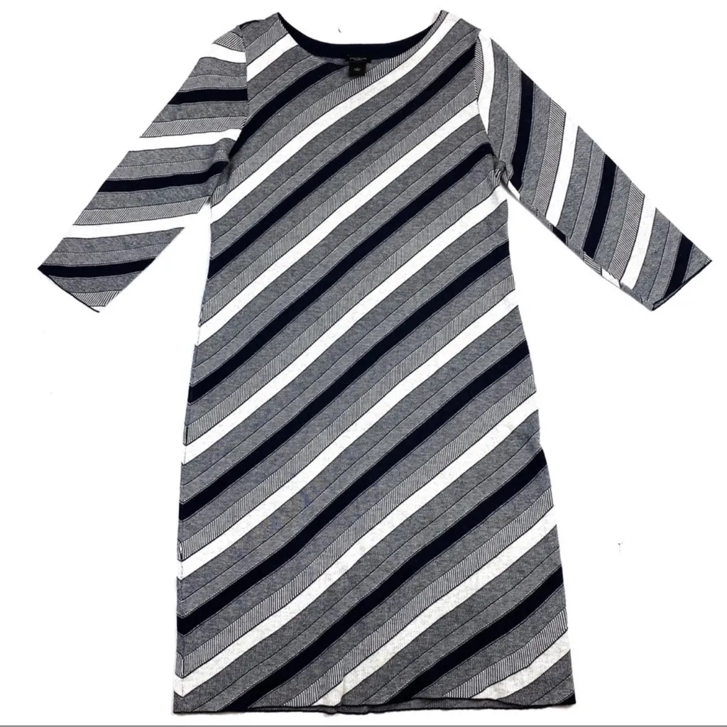 Ann Taylor Factory Striped Sweater Shift Dress Navy White 3/4 Sleeve Size L - Image 2
