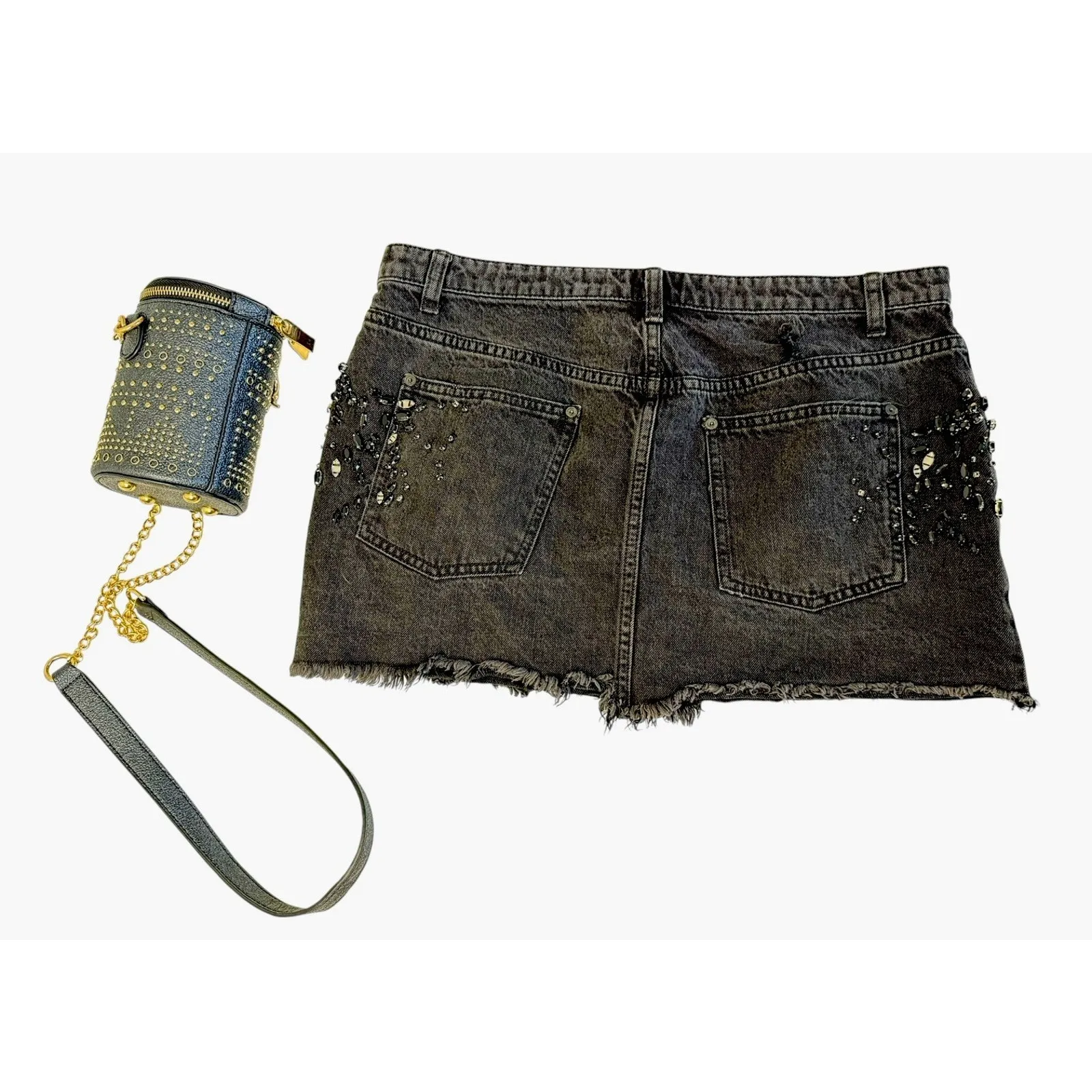 FREE PEOPLE Shine Bright Black Denim Mini Skirt Crystal Beaded Distressed Sz 12 - Image 5