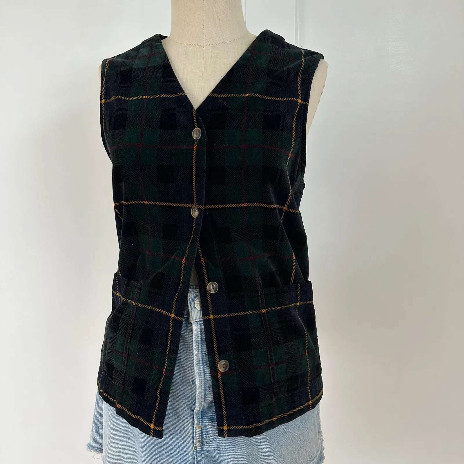 Jones Wear Sport Country Weekend Vest Plaid velour 100 cotton‎ Green Medium - Image 8