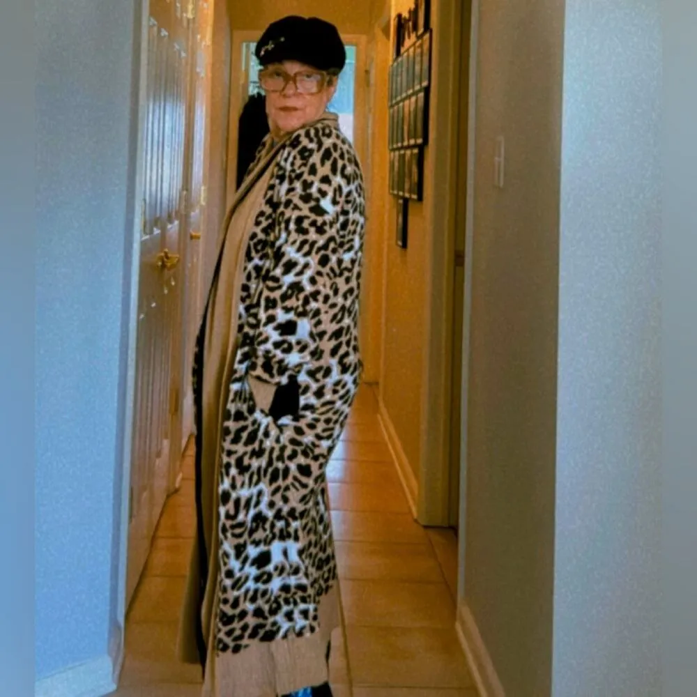 New York & Company Leopard Animal Print Longline Open Cardigan Sweater Size M Black Size M - Image 4