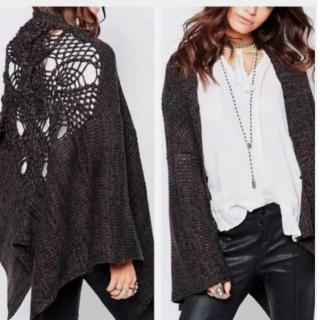 Free‎ People 90s Open Front Knit Cape with Crochet Back Boho Festival One size - Image 2