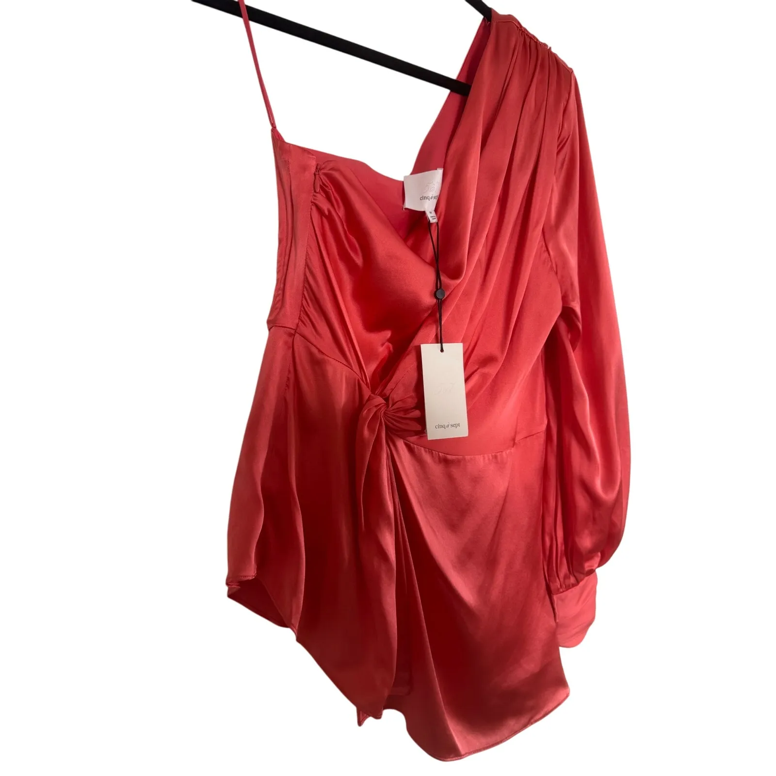 NWT Cinq A Sept Red Satin Asymmetric One-Shoulder Drape Top – Size M - Image 9