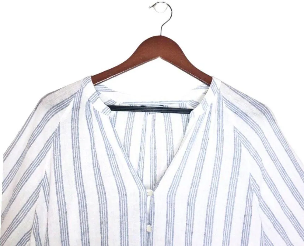 Marti Cayman White/Blue Stripe Long Peasant Sleeve Linen Button Front Top - Image 7