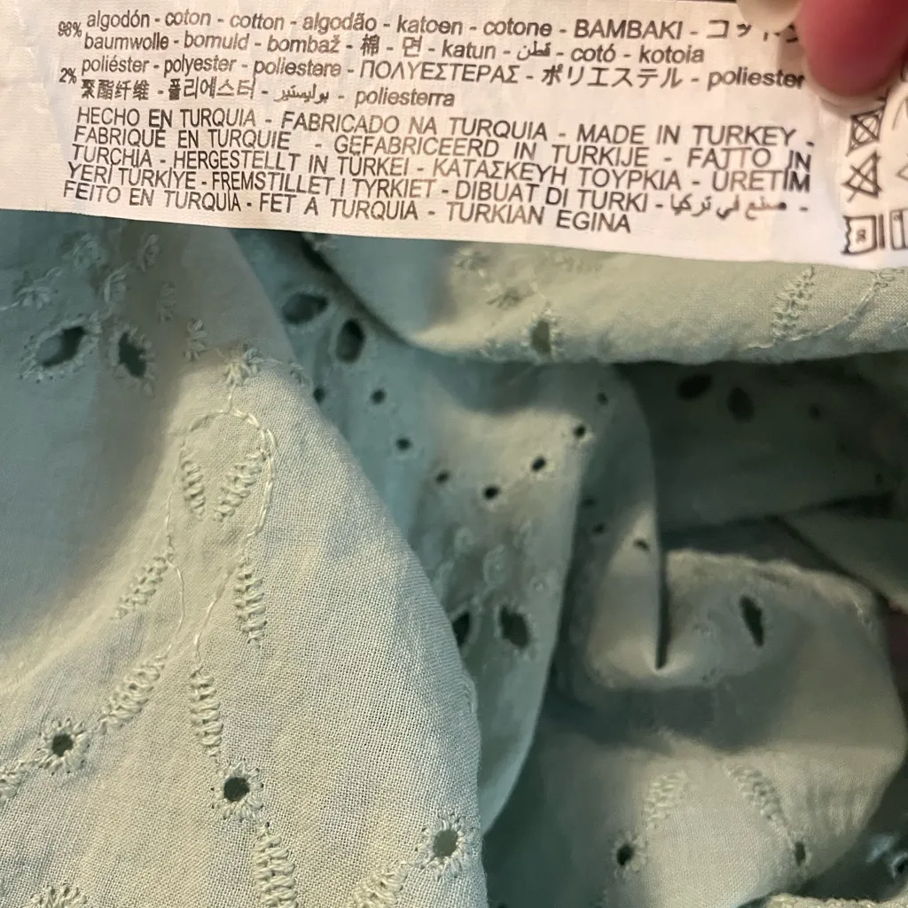 Zara Embroidered Eyelet Blouse  Mint Green 3/4 Sleeves Floral Cutout XS - Image 9