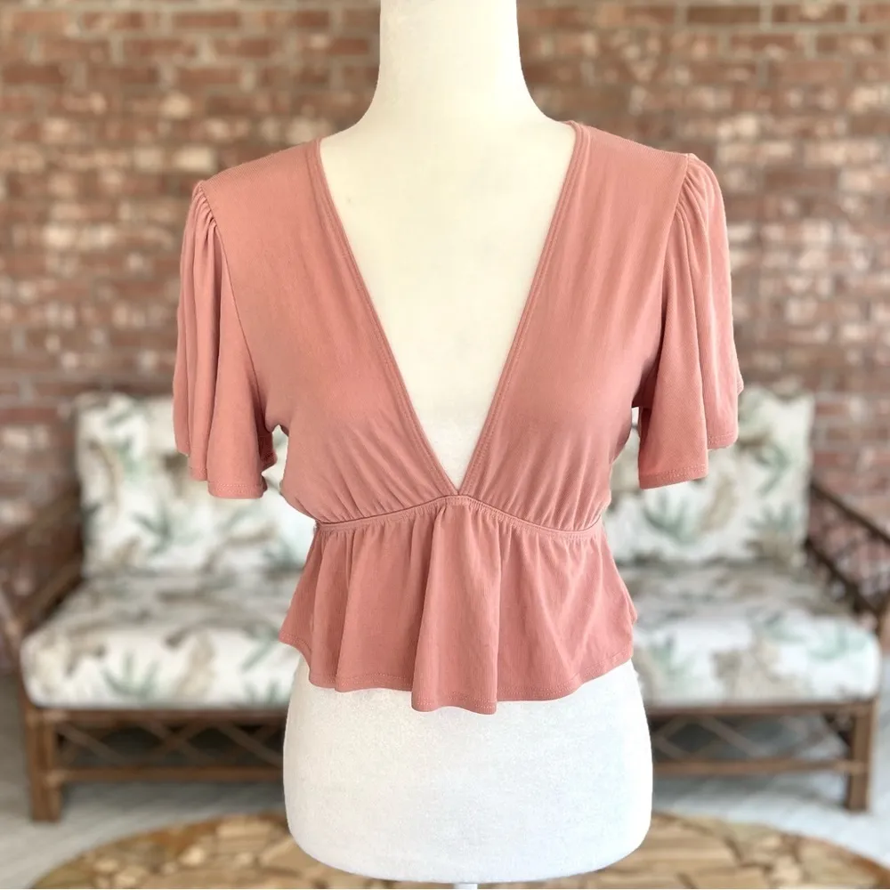 Lulus Top Majorly Cute Flutter Sleeve Crop Dusty Pink S Peplum Empire Waist Chic - Image 3