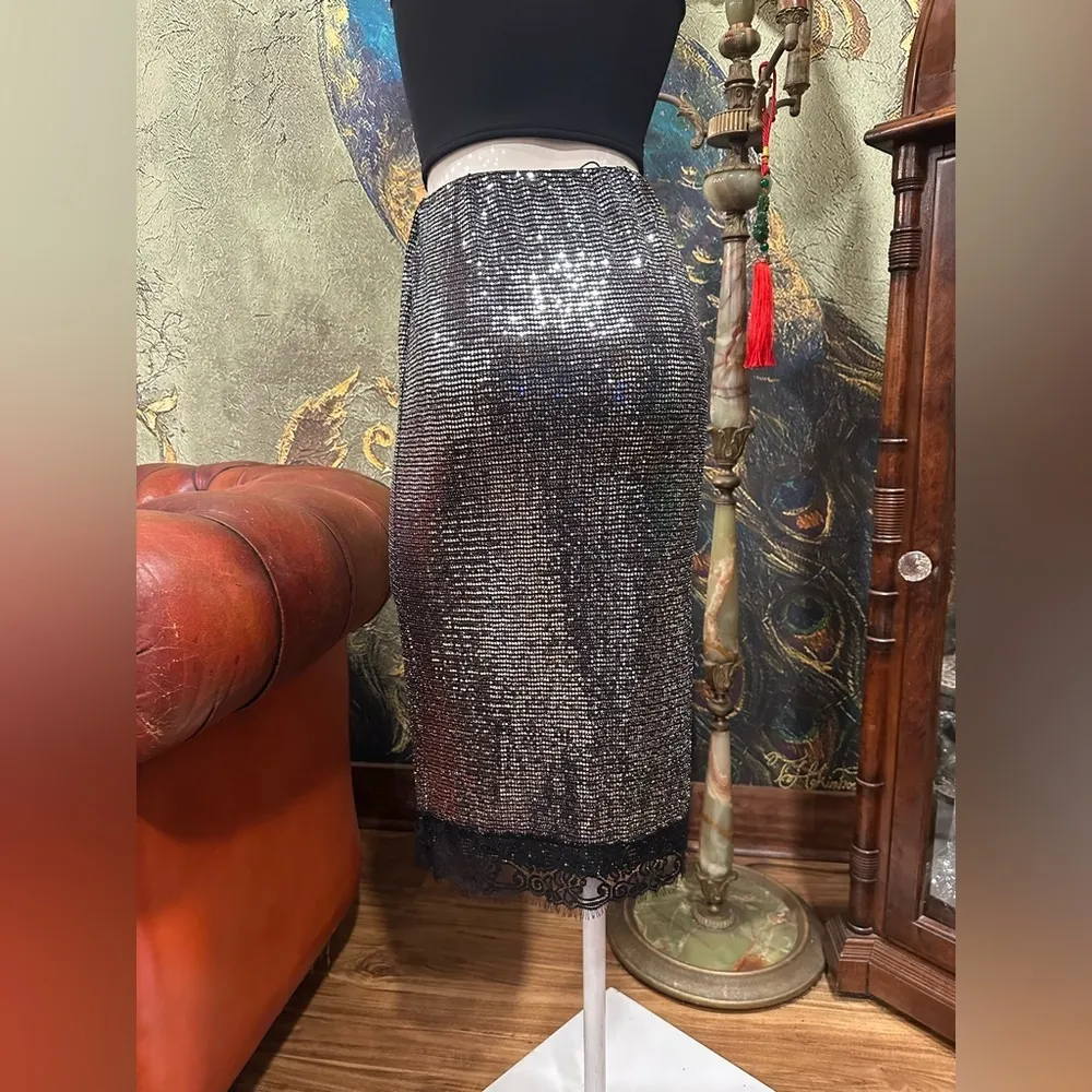NWT ZARA STRECH PENCIL  SILVER METALLIC STULE SKIRT W BLACK LACE TREAM - Image 6