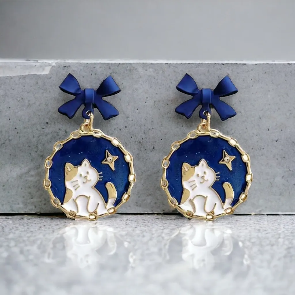 Navy Blue Bowknot Cute Cat Star Print Enamel‎ Dangle Earrings Gold - Image 8