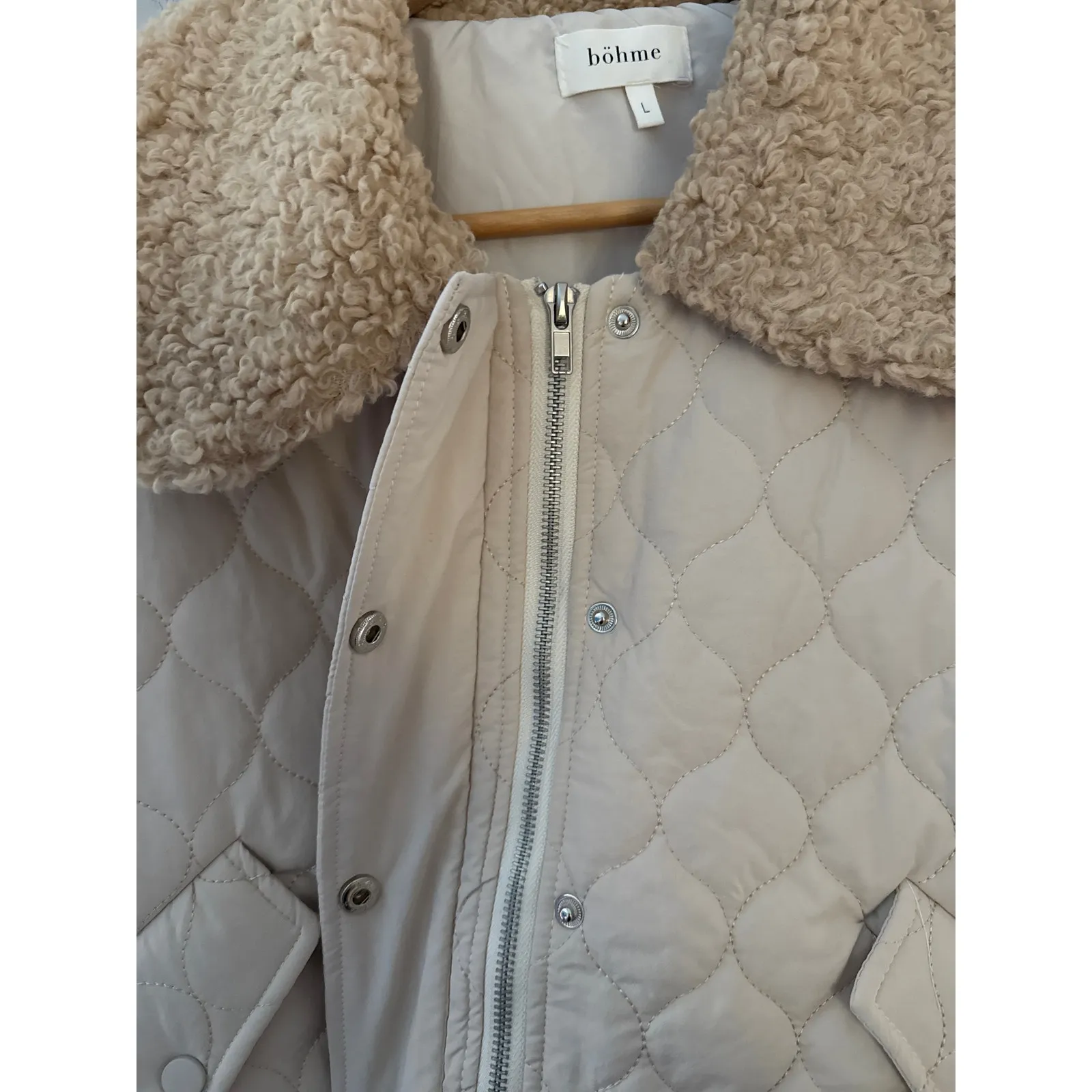 Bohme Quilted Faux Fur Collar Snap Jacket With Tie Waist Cream Size Large - Image 11