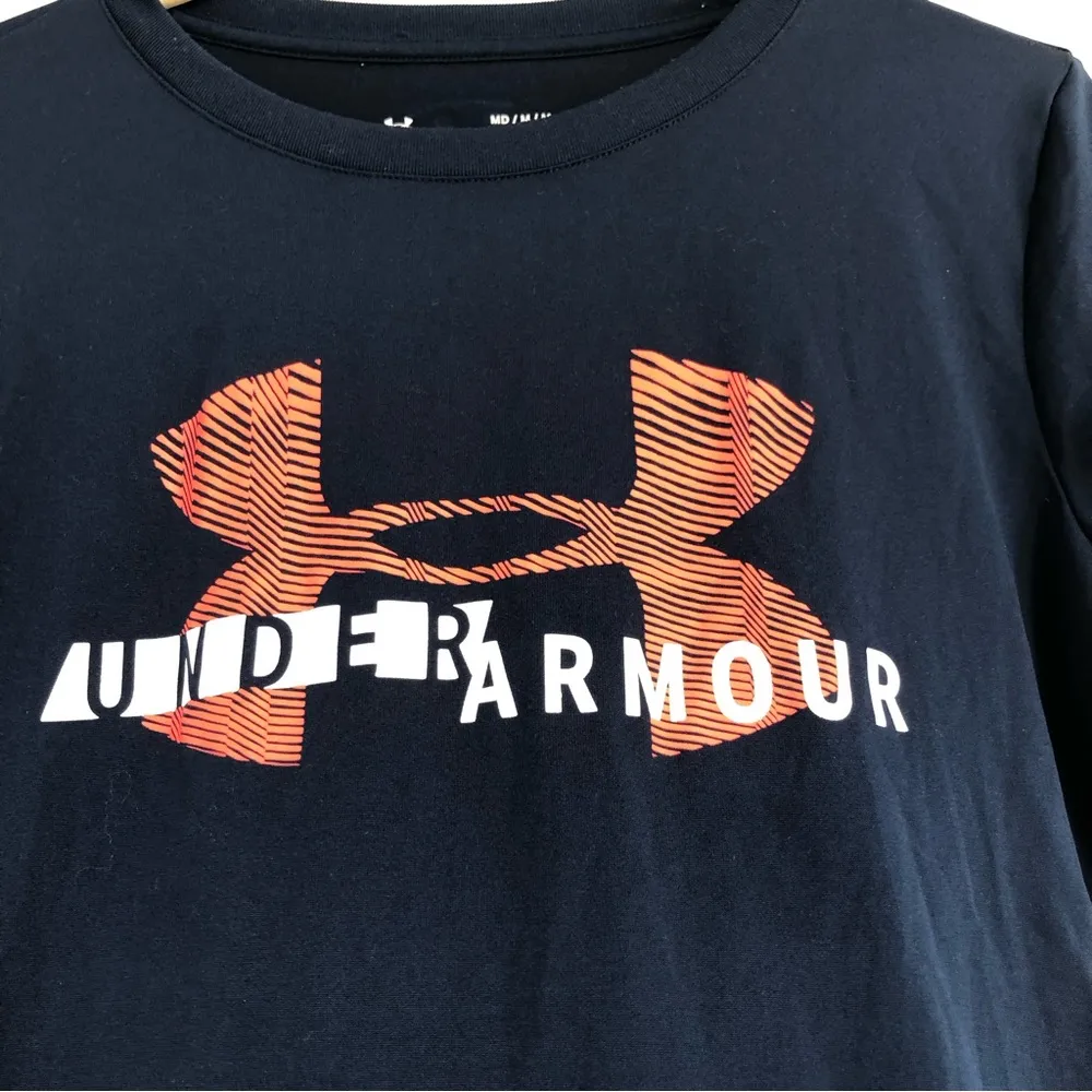 Under Armour navy blue athletic t-shirt neon orange pink logo women’s medium - Image 4