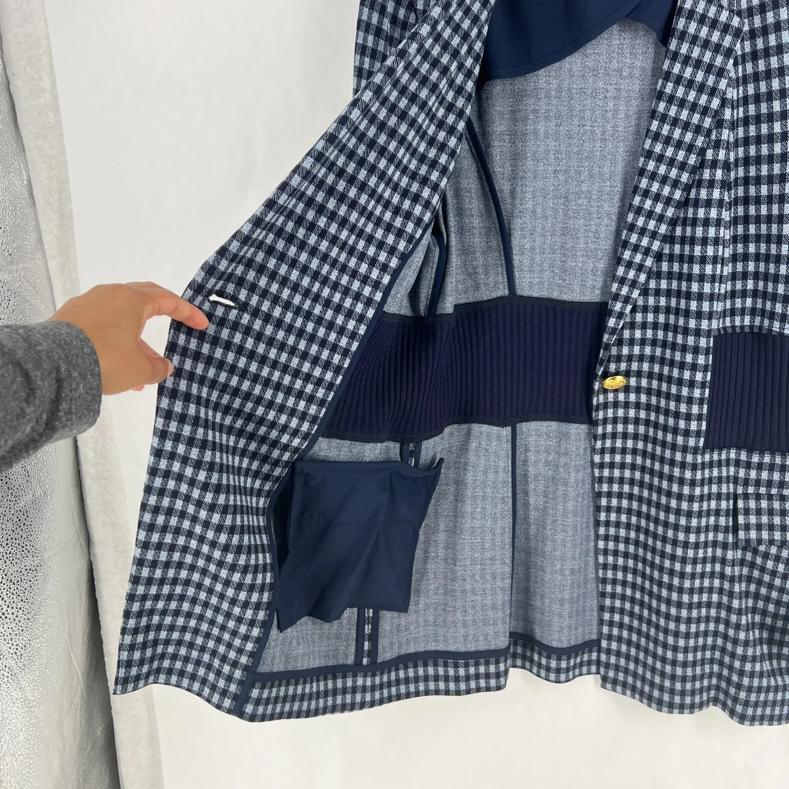 Cabi Checkup Blazer Jacket Womens Medium Navy Blue Gingham Check Stretch Formal - Image 8