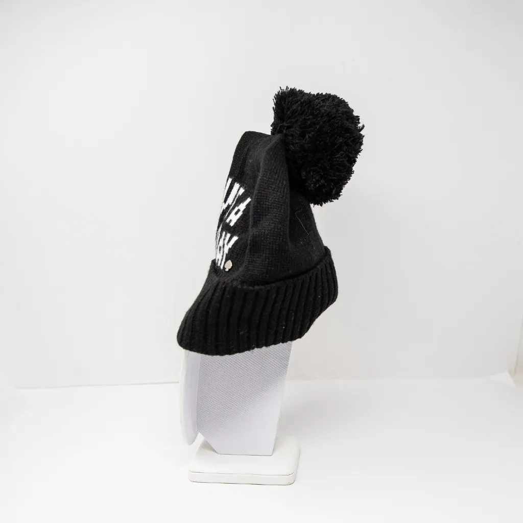 NEW Kate Spade Have A Nice Day Graphic Print Beanie Pom Pom Hat Black White - Image 2