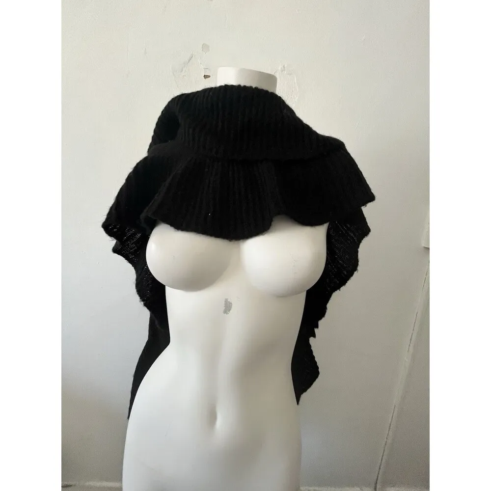 Vintage Renoma Paris Back Ruffled Infinity Long Knit Scarf Cape Vest Black - Image 9